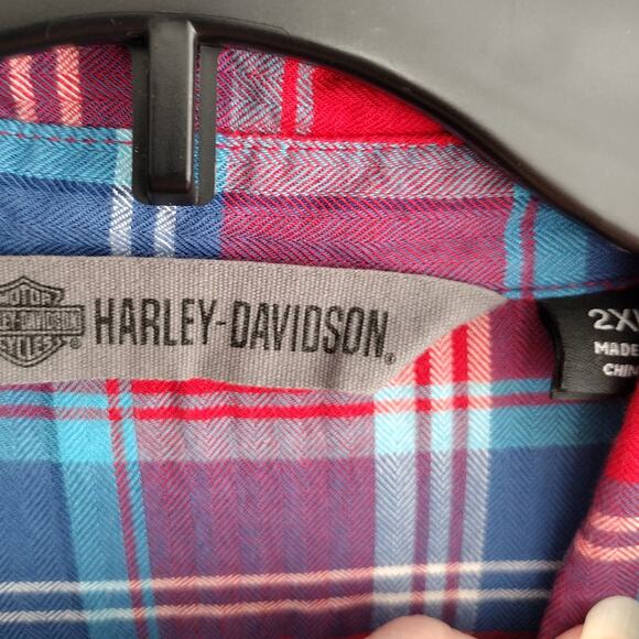 Harley Davidson Red White Blue Plaid Patch/Embroidered Short Slv ButtonUp Top 2X - Picture 9 of 12
